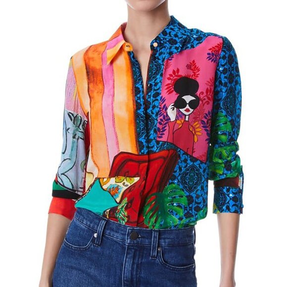 Alice + Olivia Willa Parlour Rainbow Print Silk Shirt Blouse Painted Colorful S - Picture 1 of 16